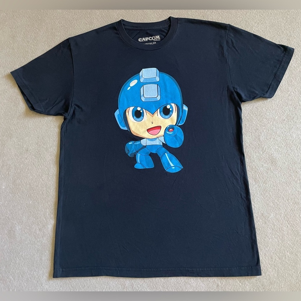 Capcom Mega Man T-Shirt Men’s Medium Navy Blue Cotton Graphic Gamer Tee